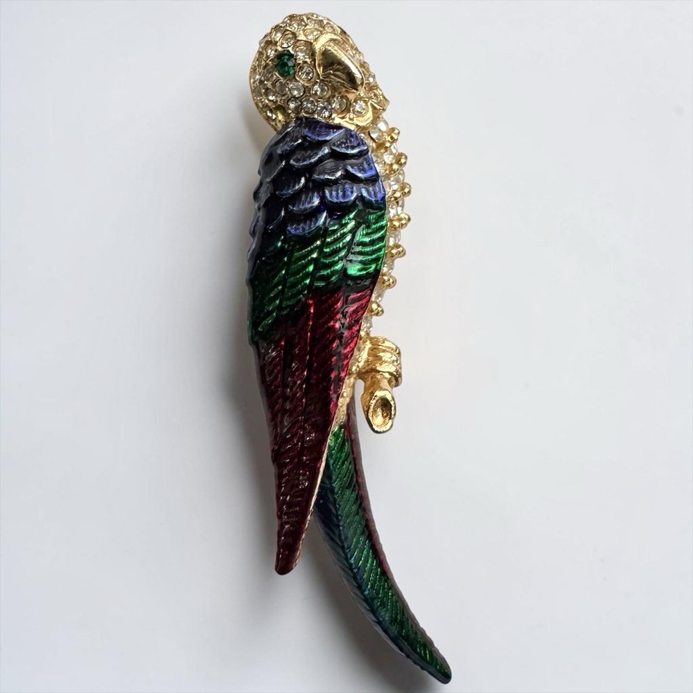 Vintage Parrot Bird Brooch Rhinestone Enamel Gold Tone Pin